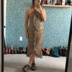 Vintage Ralph Lauren 100% silk brown paisley halter midi dress